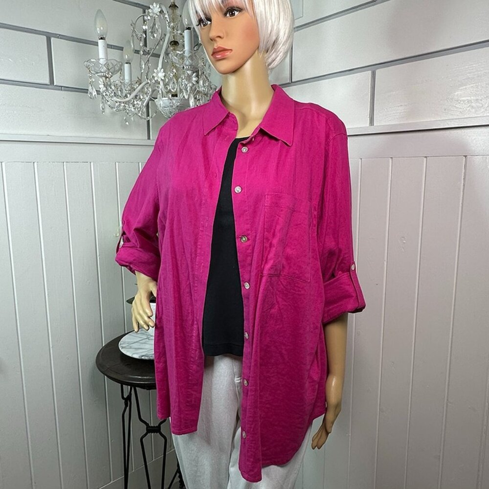 Hot Pink Button down Linen Blend Blouse C by One size 1X